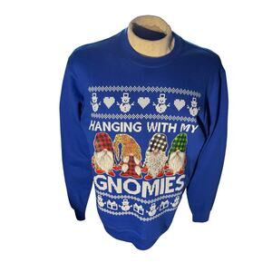 Hanging With My Gnomies Christmas Sweatshirt Blue Size L Funny Holiday